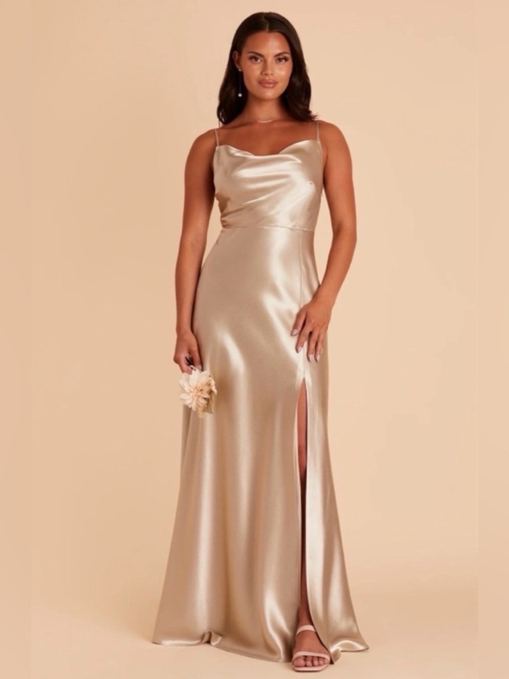 BIRDY GREY XS Satin Cowl Neckline Maxi Gown FRONT SPLIT ROSE GOLD